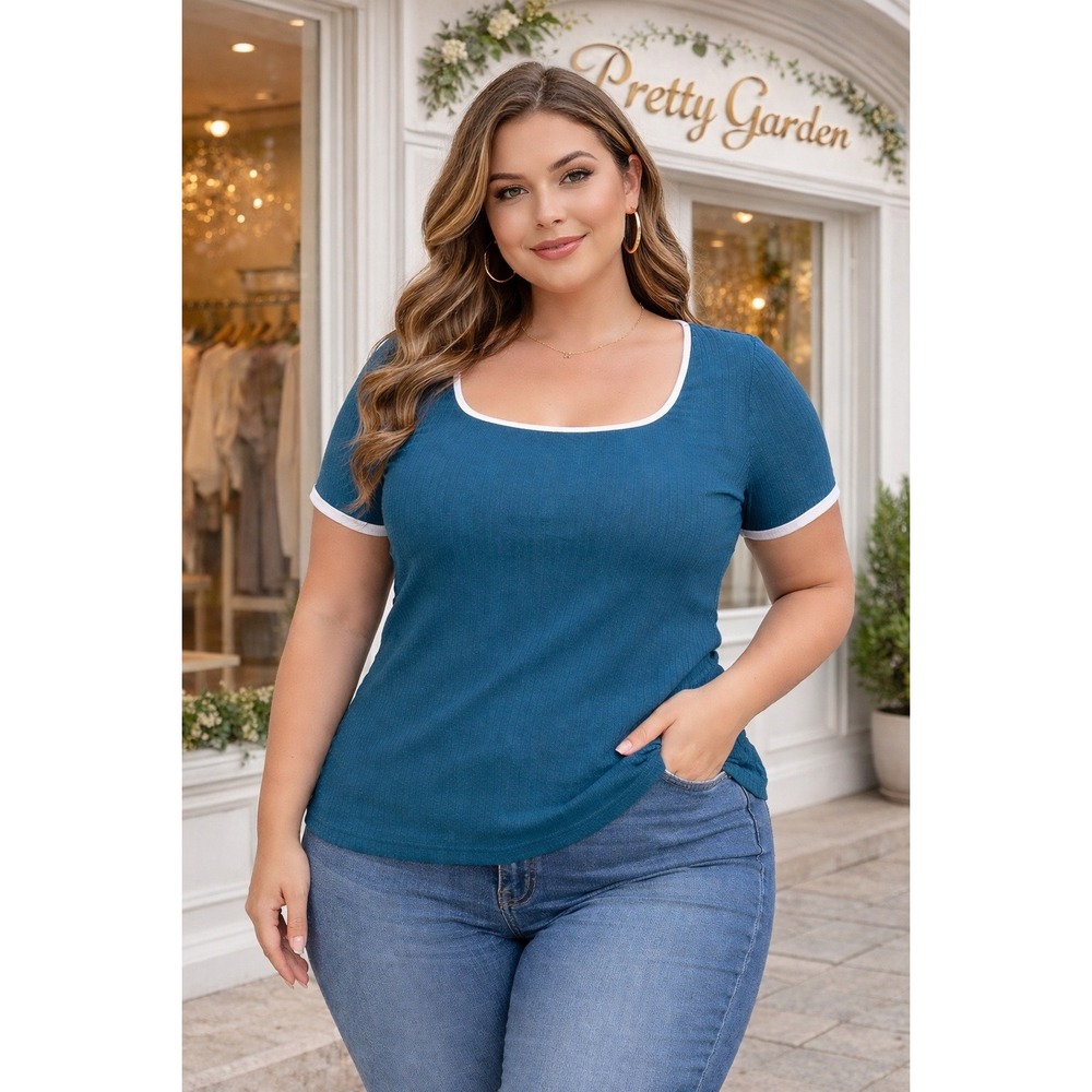 PrettyGarden Women XXL Teal Blue Ribbed Ringer‎ Tee Square Neck Short Sleeve Top